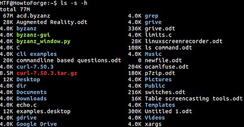ls zeigt nur Dateinamen und Dateigrößen in der Ausgabe an.