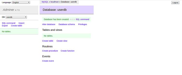 Neu angelegte Datenbank in Adminer