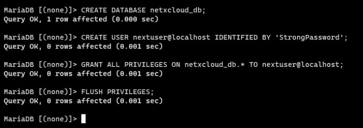 mariadb Datenbank und Benutzer für Nextcloud erstellen