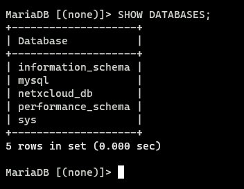 Überprüfung der Liste der Datenbanken auf MariaDB