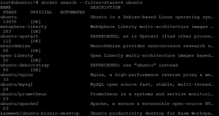 Suche nach dem Ubuntu-Image mit 4 oder mehr Sternen auf Docker Hub.