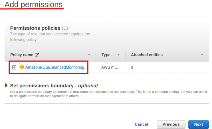 Hinzufügen der Richtlinie &lsquo;AmazonRDSEnhancedMonitoringRole&rsquo;.