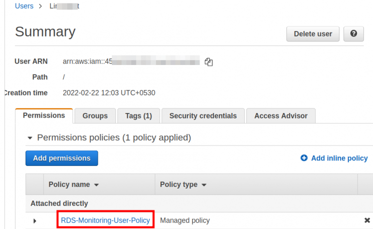 Anhängen der Richtlinie an den IAM-Benutzer