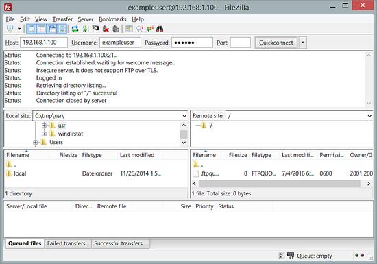 Verbinden Sie sich mit FileZilla mit dem FTP-Server.