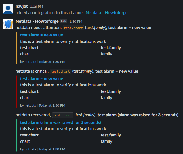 Netdata Slack Testbenachrichtigungen