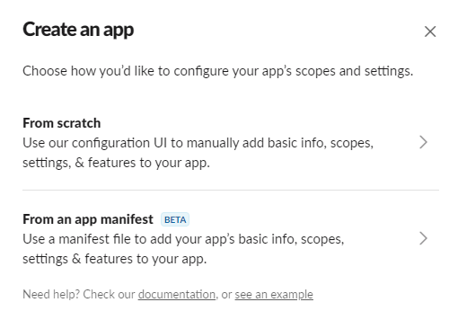 Slack App erstellen Popup
