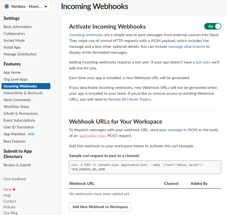 Slack Apps Eingehende WebHooks