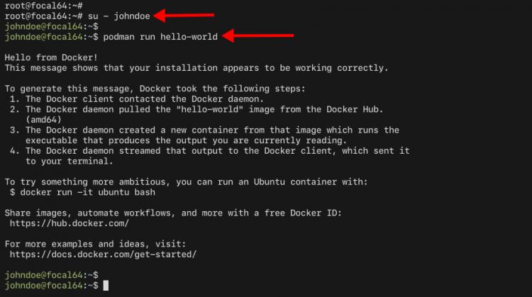 Podman run hello-world container