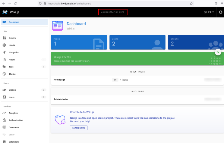 wiki.js Admin-Dashboard