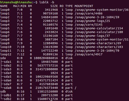 Wie man lsblk Druckgröße Info in den Bytes bildet