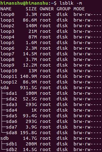 So erstellen Sie lsblk Display-Informationen über Gerätebesitzer, Gruppe und Modus