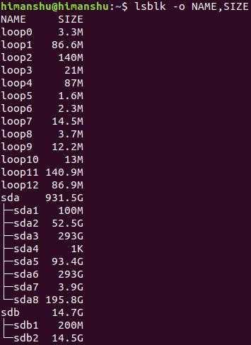 Wie man lsblk output select columns macht