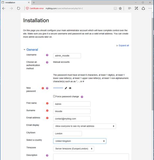 Richten Sie die Moodle-Details wie Zeitzone etc. ein.