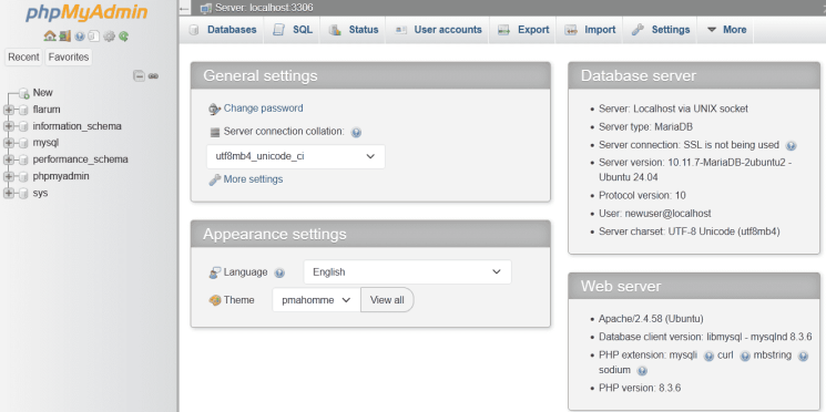 phpmyadmin Dashboard