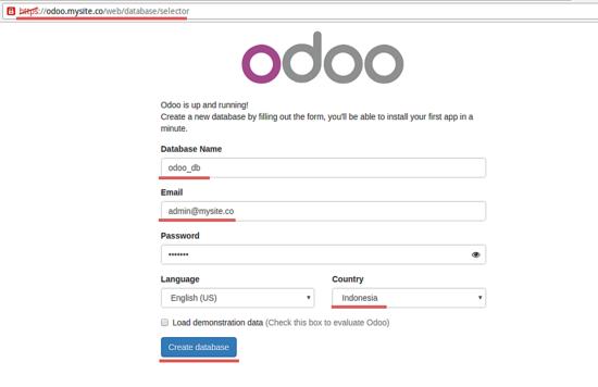 Geben Sie die Details der Datenbank in Odoo ein.