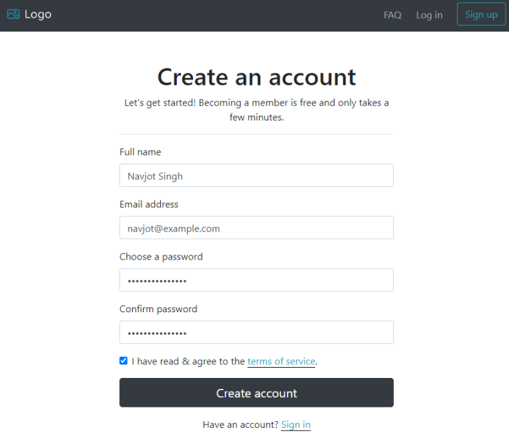 Sails App Konto erstellen Seite