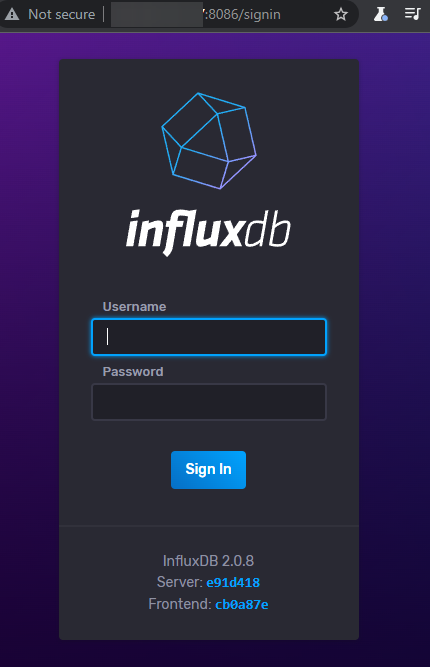InfluxDB Login Seite