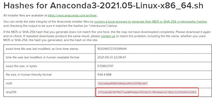 Anaconda Hash-Verifizierung