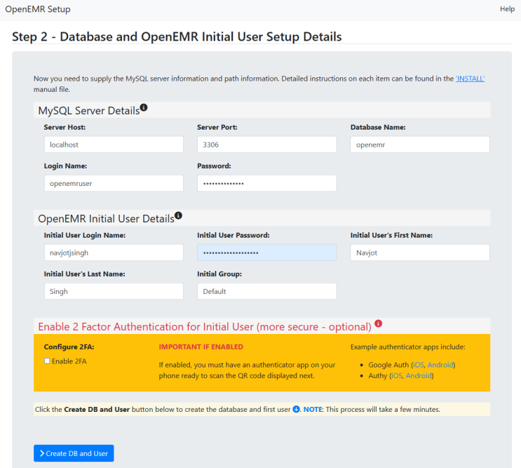 OpenEMR Datenbank und Kontodaten