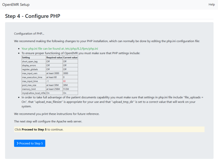 OpenEMR PHP konfigurieren