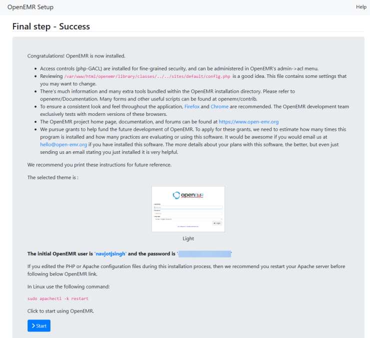 OpenEMR-Installation letzter Schritt