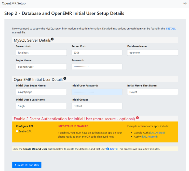 OpenEMR Datenbank und Kontodaten