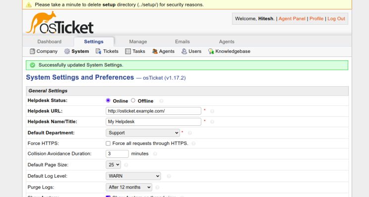 Seite mit den Systemeinstellungen