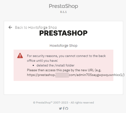 Prestashop Installationsverzeichnis Warnung