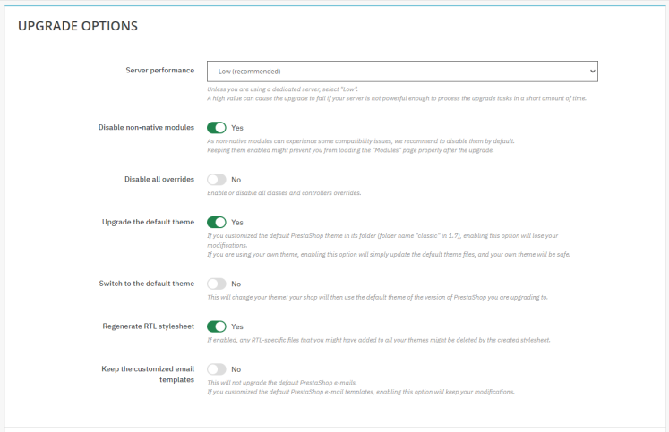 Prestashop Upgrade Optionen