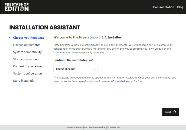 Prestashop Installer Seite