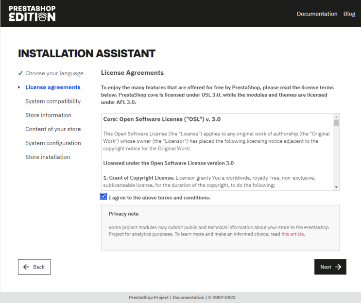 Prestashop Lizenzvertrag Seite