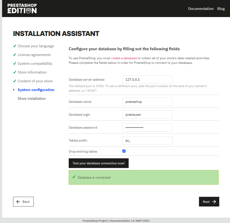 Prestashop Datenbank Verbindungstest