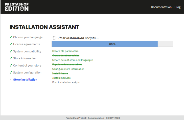 Prestashop Installer Fortschritt