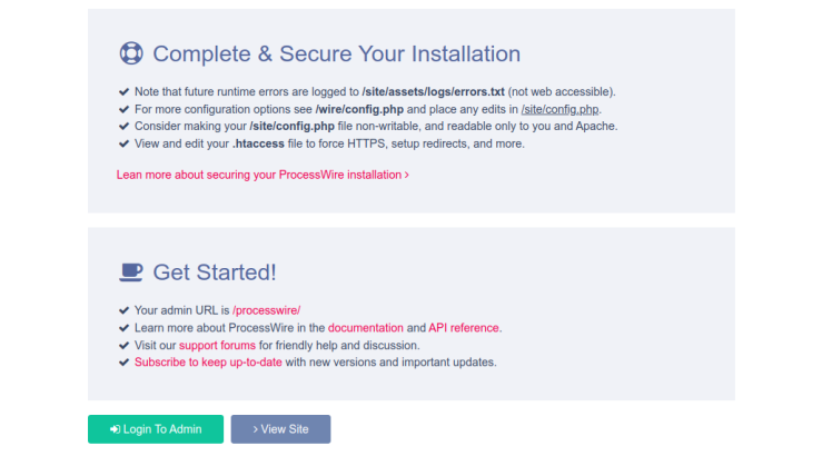 ProcessWire-Installation abgeschlossen