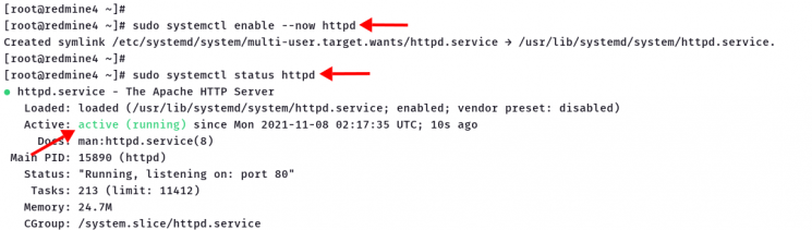 Starte und aktiviere httpd