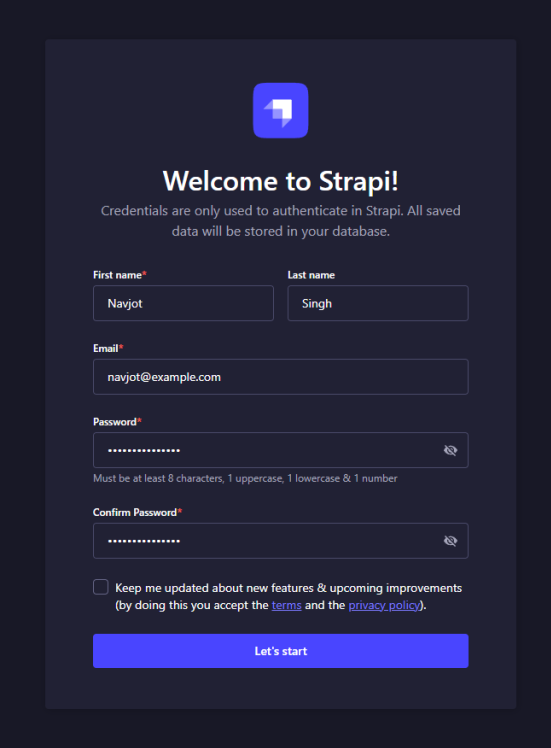 Strapi Admin Benutzer erstellen Seite