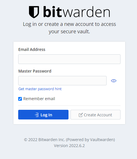 Vaultwarden Login Seite