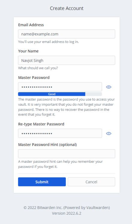 Vaultwarden Konto erstellen Seite