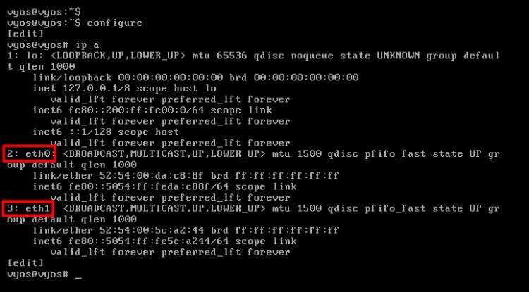 Editiermodus vyos aufrufen und ip überprüfen
