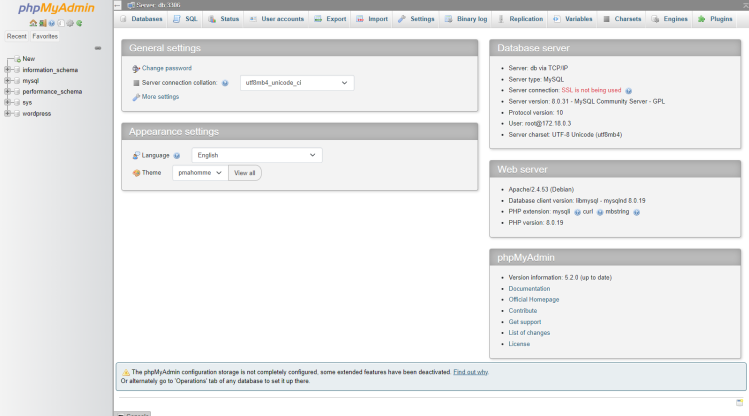 phpMyAdmin Dashboard