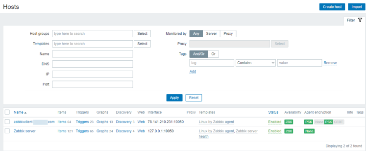 Zabbix Hosts Liste