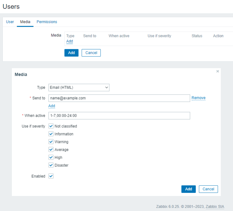 Zabbix User Media Tab