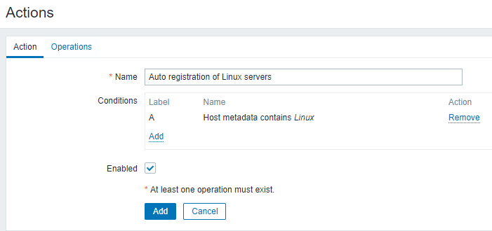 Zabbix Autoregistrierung Neue Aktionsseite