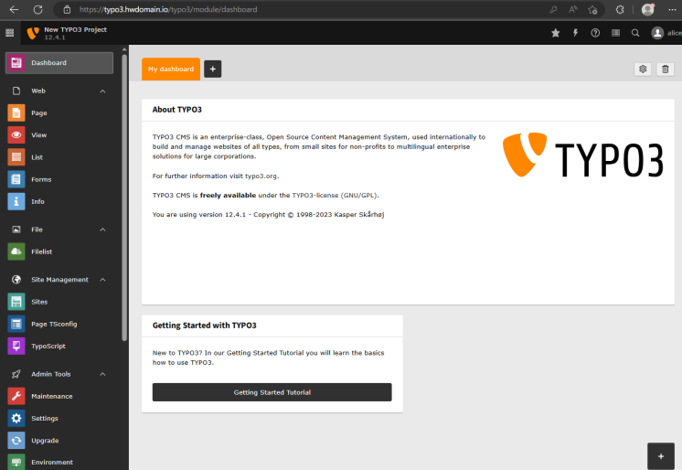 TYPO3 CMS Admin Dashboard
