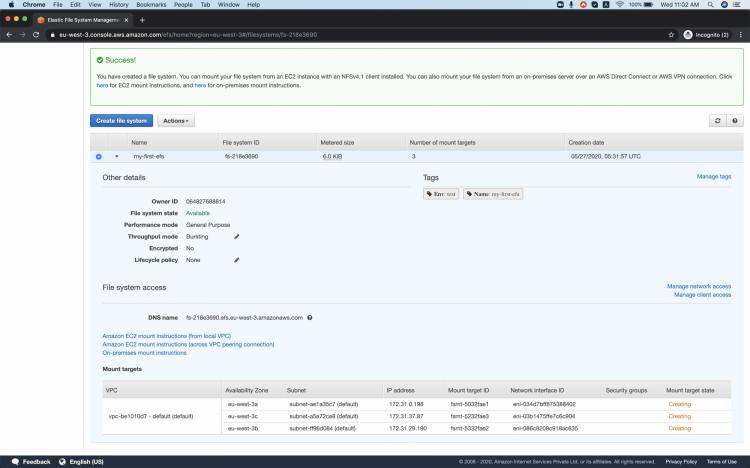 Erfolgreich ein EFS-Dateisystem erstellt