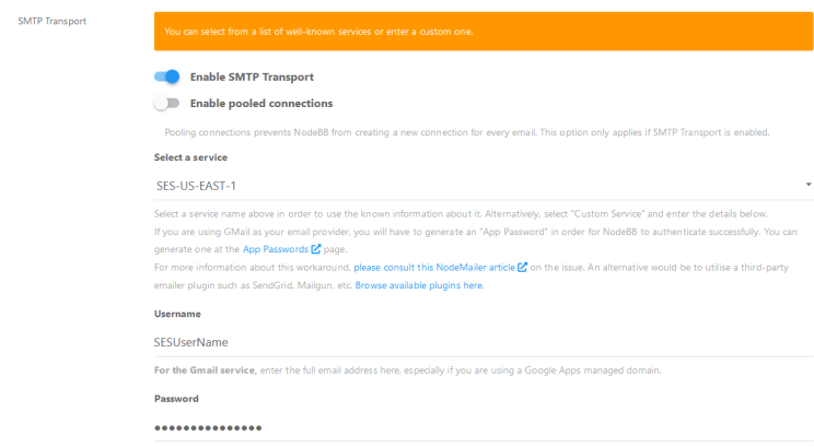 NodeBB Forum SMTP Einstellungen