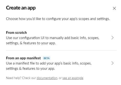 Slack App erstellen Popup