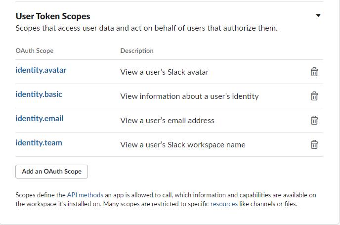 Slack Token-Bereiche