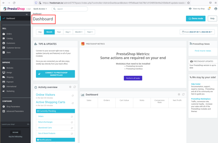 prestashop admin dashboard