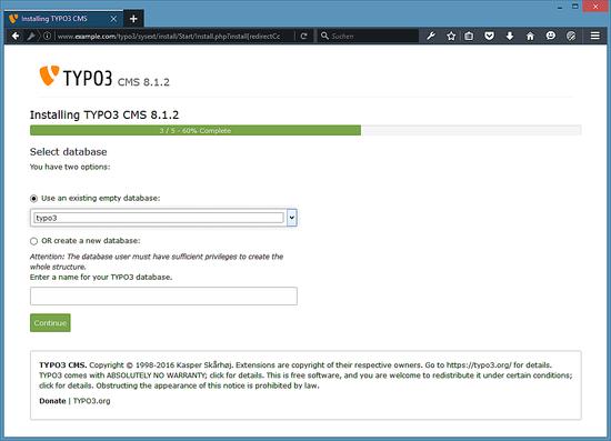 Wählen Sie eine Datenbank für TYPO3 aus.
